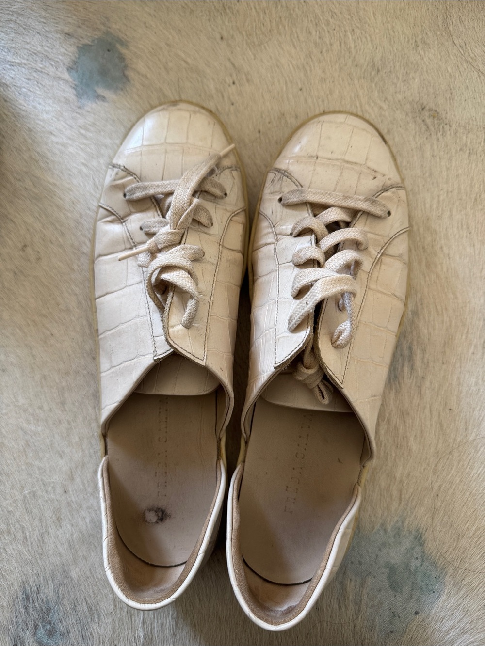 Freda Salvador Cream Croc-Embossed Leather Lace-Up Sneakers